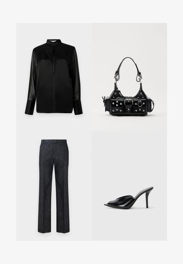 Blusa nera con colletto alto, maniche lunghe in tessuto trasparente, dettaglio fiocco al collo, realizzata in morbido satin, chiusura frontale con bottoni.; Pantaloni a righe scure con design a gamba larga, realizzati in un tessuto strutturato con sottili righe verticali argentate. Davanti piatto e passanti per cintura.; Mule nere in pelle con tacco alto, punta aperta, design affusolato, texture liscia e tacco stiletto sottile.; Borsa a mano in pelle nera con design curvo, caratterizzata da borchie argentate, una fibbia e due tasche laterali. Tracolla regolabile per diverse opzioni di trasporto.
