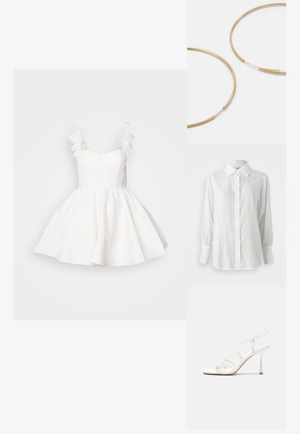 Balts krekliņš ar vertikālām svītrām, ilgām pūkainām piedurknēm un klasisku apkakli. Priekšā ir piecu pogu rinda.; Balta kleita ar pieguļošu korpusu un izplūdušu svārku. Iezīmējas ar spalvu akcentiem uz plecu siksnām un gludu, teksturētu audumu.; Baltas striķu augstpapēžu sandales ar plakanu pirkstu daļu, teksturētu priekšpusi ar saveltiem akcentiem un šauru potītes siksniņu.; Zelta krāsas auskari gredzena formā, plāni un apaļi, ar gludu metāla apdari un bez rotājumiem vai zīmējumiem.