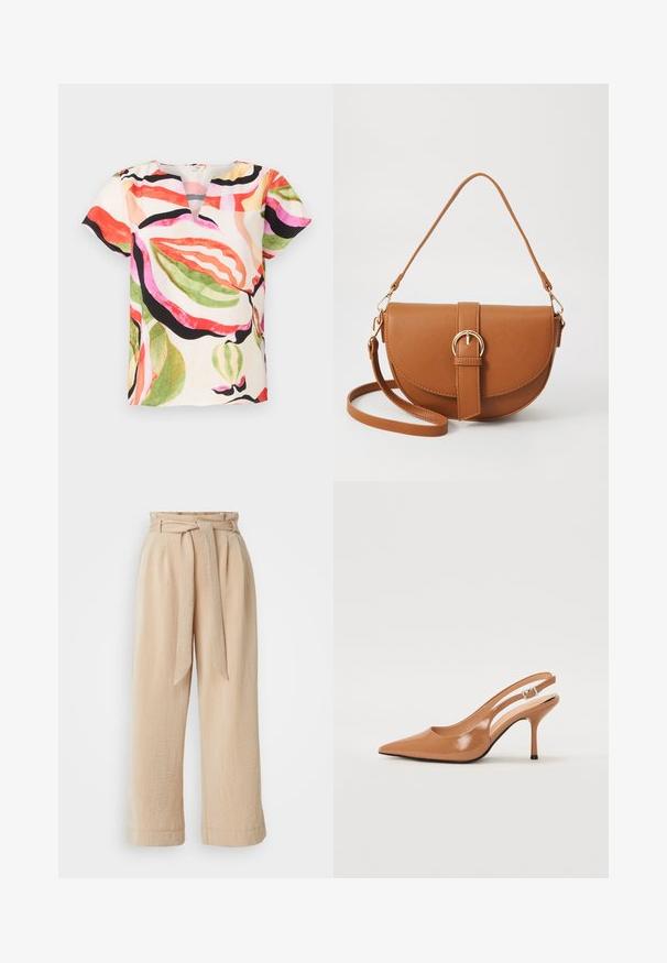Blouse à manches courtes en tissu léger, avec un col en V et un motif de feuilles coloré dans des teintes de rose, rouge, vert et noir.; Pantalons beige à jambe large avec une taille ceinturée, fabriqués en tissu texturé. Présente un pli avant et une finition lisse le long de l'ourlet.; Escarpin à talon slingback à bout pointu en matériau beige lisse et brillant. Présente un design de découpes courbées et un talon aiguille fin. Détail de boucle en argent.; Sac bandoulière en cuir marron avec une forme incurvée, quincaillerie dorée et un accent en boucle. Comprend une bandoulière détachable.