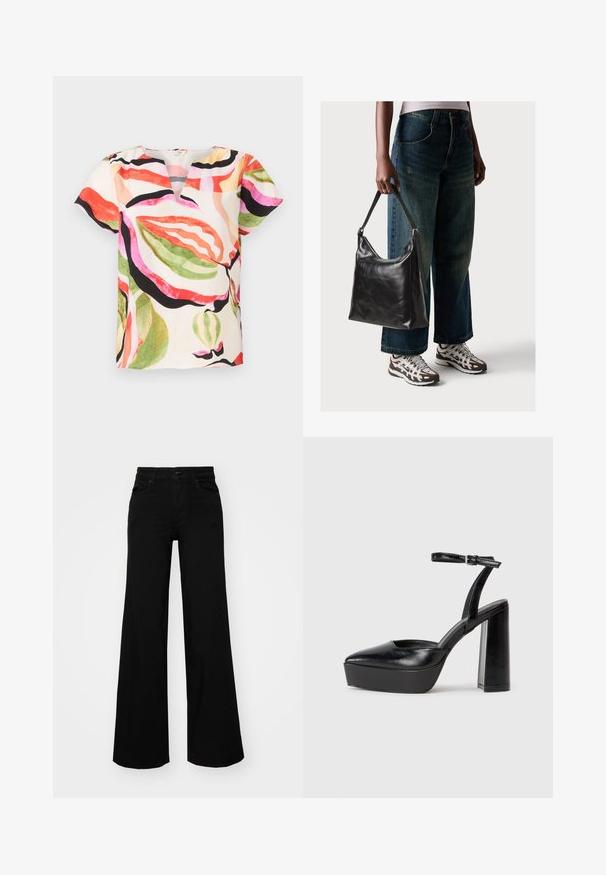 Kurzärmlige Bluse aus leichtem Stoff mit V-Ausschnitt und einem bunten Blättermuster in den Farben Rosa, Rot, Grün und Schwarz.; Schwarze weit geschnittene Hose aus Denim, mit einem strukturierten Bund, Gürtelschlaufen und Fronttaschen. Glatte Textur mit klassischem Design.; Schwarze Plateau-High Heels mit spitzem Zeh und verstellbarem Knöchelriemen. Gefertigt aus glattem Leder und mit einem klobigen Blockabsatz.; Schwarze Leder-Schultertasche mit glatter Textur und verstellbarem Riemen, kombiniert mit ausgewaschenen weit geschnittenen Jeans und sportlichen Sneakern.