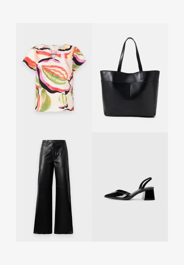 Korte mouwen blouse van lichtgewicht stof, met een V-hals en een kleurrijk bladerenpatroon in tinten van roze, rood, groen en zwart.; Zwarte high-waisted wide-leg neplederen broek met een voorste knoop, ritssluiting, riemlussen en zijzakken op een witte achtergrond.; Zwarte gepatineerde leren slingback hakken met een spitse neus en een geometrische blokhak. Kenmerkt zich door een slank, minimalistisch ontwerp en een gladde textuur.; Zwarte leren tote bag met twee lange handvatten, een zachte textuur en een gestructureerde vorm. Voorzien van een voorvak voor extra opslagruimte.