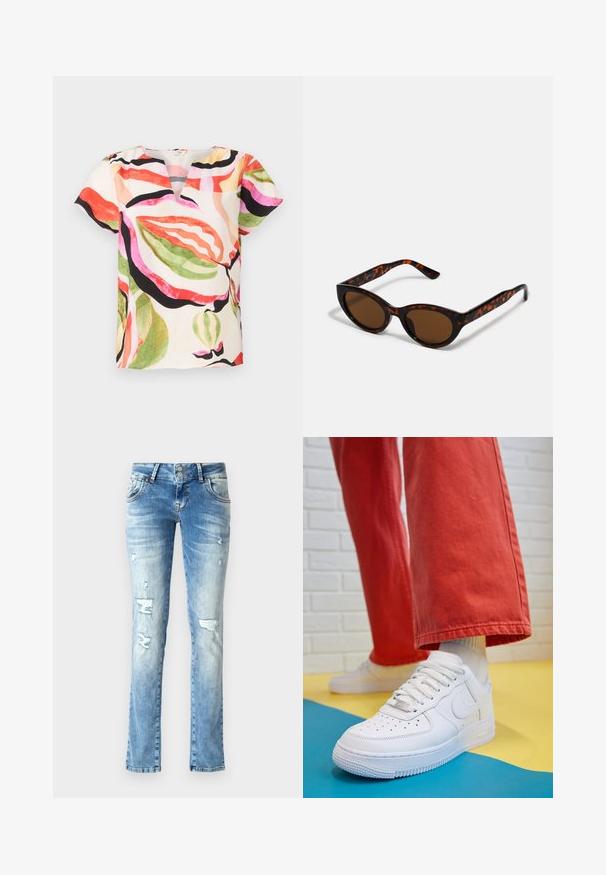 Korte mouwen blouse van lichtgewicht stof, met een V-hals en een kleurrijk bladerenpatroon in tinten van roze, rood, groen en zwart.; Lichtblauwe denim jeans met een relaxte pasvorm, voorzien van versleten details, een knopenfly met twee knopen en rechte pijpen.; Witte leren sneaker met geperforeerde teenbox, gestructureerde zool en witte veters, gecombineerd met wijde rode broeken en een blauw-geel achtergrond.; Bruine schildpad zonnebril met een vintage cat-eye vorm en bruine lenzen. Heeft gebogen armen met rode accenten.; Gouden creolen met een gladde, glanzende afwerking. Circulaire vormgeving met een kleine post en een doorzichtige achterkant voor een veilige draagervaring.