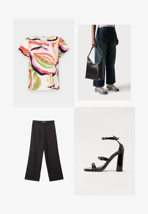 Blůza s krátkým rukávem vyrobená z lehké tkaniny, s výstřihem do V a barevným vzorem listí v odstínech růžové, červené, zelené a černé.; Černé široké kalhoty vyrobené z hladké tkaniny, s předním zipem a dvěma bočními kapsami, s dobře padnoucím střihem a minimalistickým designem.; Černé lakované sandály na podpatku se čtveratou špičkou, lýtkovými pásky a stříbrnými přezkami. Disponují masivním blokovým podpatkem pro stabilitu.; Černá kožená kabelka přes rameno se hladkým povrchem a nastavitelným popruhem, spárovaná s vybledlými džínami širokého střihu a sportovními teniskami.
