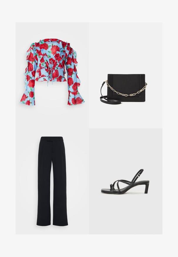 Cras BLOUSE - Bluse - blue; Vidde-bukser i solid sort stof med en flad front, bæltestropper og en glat tekstur, uden synlige mønstre eller accenter.; Sort remsandale med firkantet tå og en lav blokeret hæl. Har flere tynde stropper og en justerbar ankelrem. Fremstillet af glat læder.; Sort læder crossbody taske med en glat tekstur, rektangulær form og en metallisk kæde detalje foran. Justerbar skulderrem inkluderet.