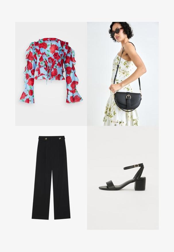 Cras BLOUSE - Blouse - blue; Zwarte wijde broek met hoge taille, knoopdetails op de tailleband en plooien aan de voorkant.; Zwarte hoge sandaal met een soepel leren bovenkant, een open teen, brede voorkruisbanden en een verstelbare enkelband met een gouden gespdetail.; Zwarte leren handtas met een gebogen vorm, afneembare schouderband en gouden hardware. De tas heeft een klep met een gespsluiting.