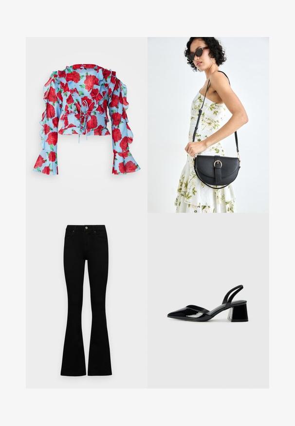 Cras BLOUSE - Blúzka - blue; Čierne vysoké nohavice s gombíkom a zipsom, predné vrecká a rozšírené nohavice položené na bielom pozadí.; Čierne lakované kožené sandálové podpätky s špicatou špičkou a geometrickým blokovým podpätkom. Disponujú elegantným, minimalistickým dizajnom a hladkým povrchom.; Čierna kožená kabelka s zaobleným tvarom, odnímateľným popruhom a zlatými doplnkami. Kabelka má klopu s detailom s prackou.