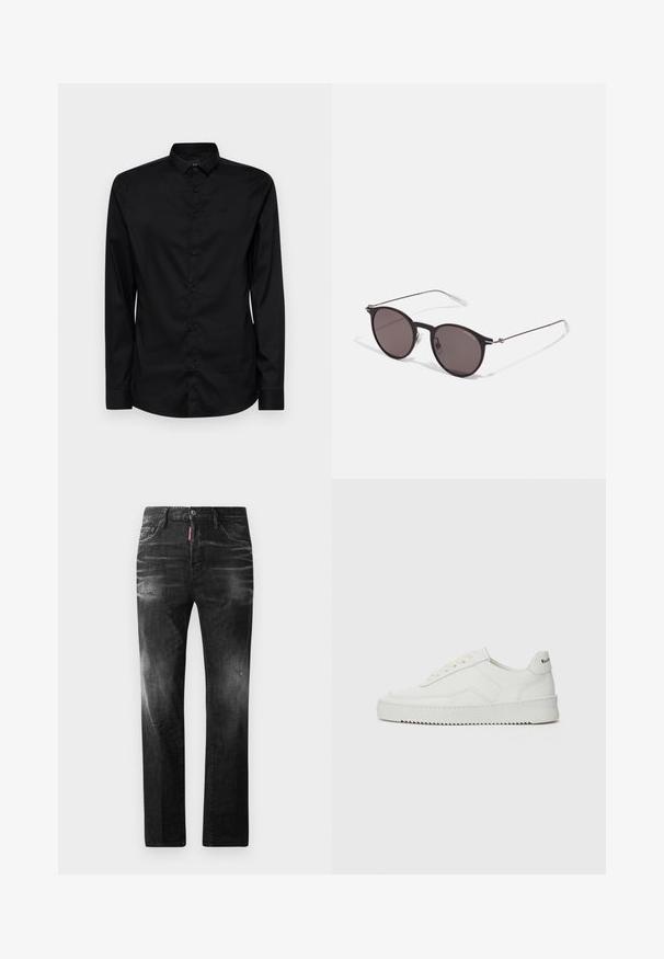 Black long-sleeve button-up shirt made of smooth fabric, featuring a classic collar, small logo, and standard button closure.; Black denim jeans with a straight fit. Features faded areas, minor distressing, classic five-pocket design, and a button closure.; White leather sneaker with a smooth finish, round toe, flat laces, and a textured sole. Features a subtle logo on the heel.; Black round sunglasses with dark lenses and slim metal arms. Includes clear temple tips and silver accents at the hinge. Minimalist design.