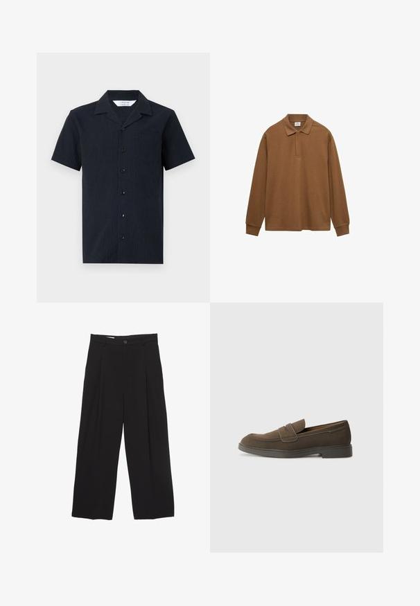 Košeľa na krátky rukáv, námornícko modrá, s gombíkmi a textúrovanou tkaninou. Obsahuje golier, jedno vrecko na hrudi a šesť gombíkov na prednej strane.; Hnedá polokošeľa s dlhým rukávom vyrobená z bavlny, s golierom, zapínaním na gombíky a rebrovanými manžetami; hladká textúra a voľný strih.; Čierne široké nohavice vyrobené z hladkej tkaniny, s plochým pásom, prednými záhybmi a jedným zapínaním na gombík.; Hnedé semišové loafery s okrúhlou špičkou, pásikom na prednej časti a plochou gumovou podrážkou. Jednoduchý dizajn s čistými líniami a minimálnym detailovaním.
