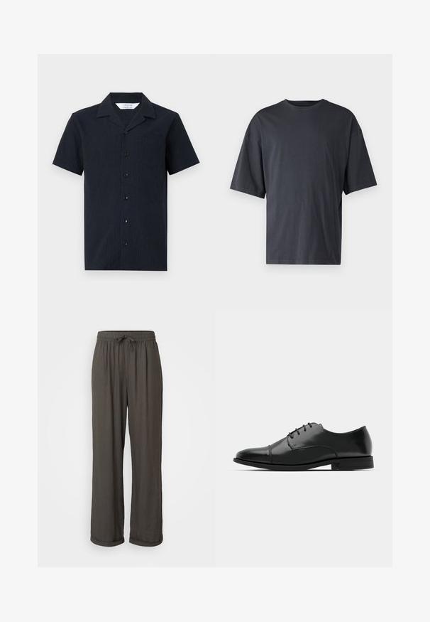 Īsām piedurknēm, tumši zila pogājama krekla ar teksturētu audumu. Iekļauta apkakle, viena krūšu kabata un sešas priekšējās pogas.; Tumši pelēkas īsām piedurknēm T-krekls, izgatavots no viegla kokvilnas, ar brīvu piegriezumu un klasisku apaļu kakla izgriezumu, bez rakstiem un ar vienveidīgu faktūru.; Tumši pelēki platajās bikses ar aukliņu jostu, izgatavotas no mīkstas, teksturētas auduma, ar sarullētām piedurknēm pie potītēm.; Melnas ādas vadmalas kurpes ar noapaļotu purngalu, saistījuma dizains, smalkas izšuvumu detaļas un zema papēža. Gluda tekstūra ar spīdīgu apdari.