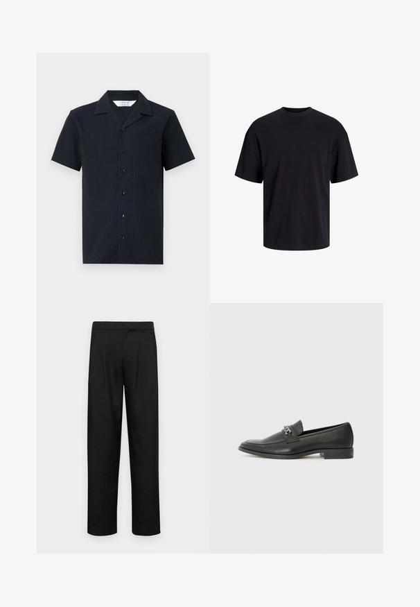 Korte mouwen, marineblauwe overhemd met knopen en een gestructureerde stof. Beschikt over een kraag, een enkele borstzak en zes knopen aan de voorkant.; Zwarte katoenen t-shirt met een ronde halslijn, korte mouwen en een relaxte pasvorm. Glad textuur en geen zichtbare patronen of accenten.; Zwarte broeken van gladde stof, met een recht model, twee voorknikken en een standaard tailleband met riemlussen.; Zwarte leren instapper met een gladde afwerking, voorzien van een gestikt ontwerp en een decoratieve metalen kettingaccent over de wreef. Platte hak.