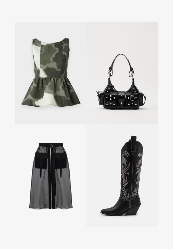 Top peplum realizzato in tessuto a motivo camouflage nelle tonalità di verde e beige, caratterizzato da un corpetto aderente e un orlo arricciato a campana.; Gonna nera trasparente con una vita arricciata, dotata di due ampie tasche frontali, un laccetto in vita e un ornamento metallico circolare.; Stivali da cowboy in pelle nera con punte affusolate, tacchi a zoccolo e motivi floreali ricamati in argento lungo il gambale. Cuciture a contrasto in tutto lo stivale.; Borsa a mano in pelle nera con design curvo, caratterizzata da borchie argentate, una fibbia e due tasche laterali. Tracolla regolabile per diverse opzioni di trasporto.