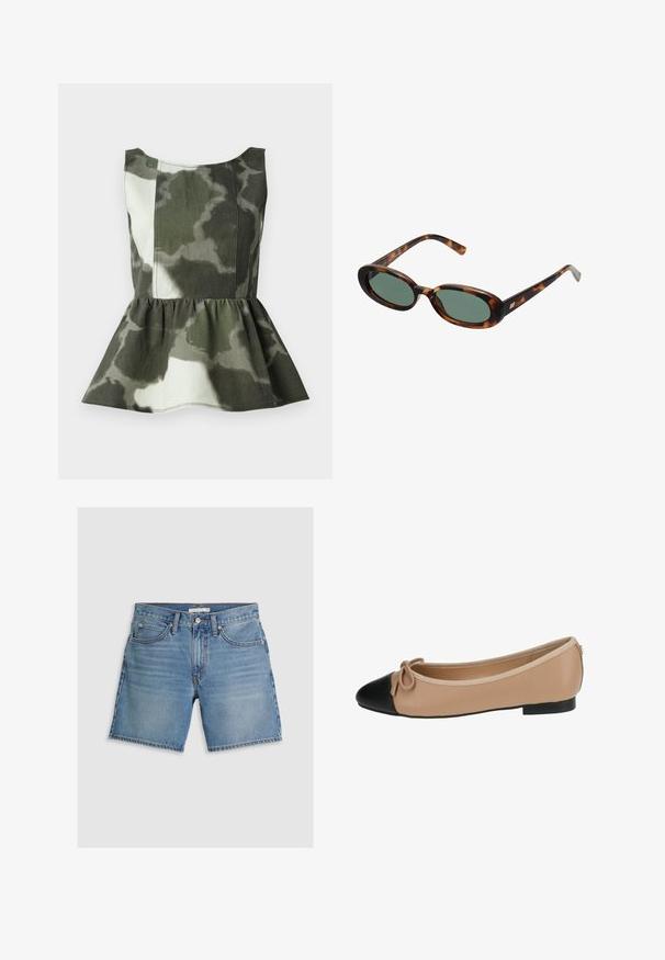 Peplum top vyrobený z tkaniny s kamuflážním vzorem v zelených a béžových tónech, s přiléhavým tělem a rozšiřující se volánkovou spodní částí.; Bílý top na ramínka s tenkými popruhy, zdobený krajkovým lemem a květinovou výšivkou na spodním okraji. Měkounká, lehká látka s vrstveným designem.; Džínové šortky v světle modré barvě, s rovným střihem, pěti kapsami a zapínáním na knoflík. Vyrobené z bavlny s hladkou texturou.; Béžové baleríny z kůže s černým špičkovým dílem. Obsahují detail mašle na přední straně a hladký povrch. Nízký profil s gumovou podrážkou.; Sluneční brýle ve hmotě želvoviny s oválnými obroučkami a zelenými čočkami. Mají tenké stranice s metalickým akcentem u závěsů.; Slámová kabelka s širokým, vějířovitým designem, černými koženými uchy a černými květinovými akcenty na jedné straně.