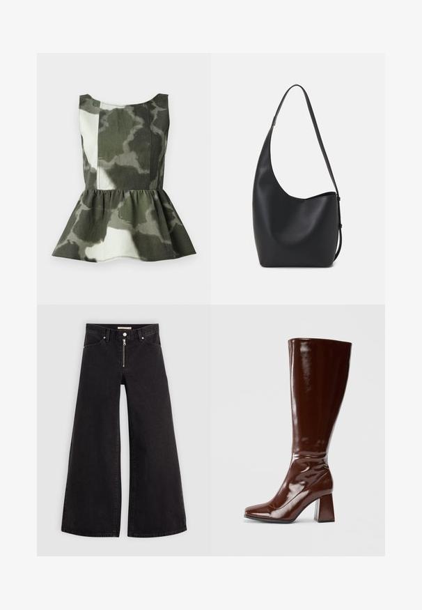 Peplum top made of camo-patterned fabric in green and beige tones, featuring a fitted bodice and a flared ruffled hem.; Wide-leg jeans in black denim with a zippered front, five-pocket design, and subtle stitching details. Smooth texture and casual style.; Knee-high brown patent leather boots with a square toe, glossy finish, and a chunky heel for stability. Seamless design with no visible hardware.; Black leather hobo bag with a smooth texture, curved shape, and single adjustable strap; features a wide opening at the top.