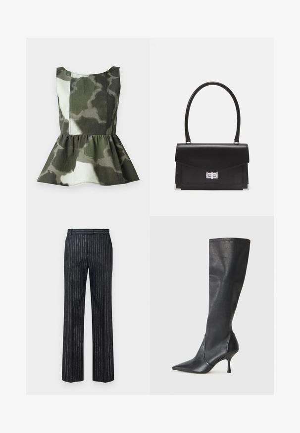 Toppeplum lavet af camo-mønsterstof i grønne og beige nuancer, med en tætsiddende overdel og en flared volangkant.; Tumman raidalliset housut, joissa on leveä lahjetyyli, valmistettu tekstuurilla varustetusta kankaasta, jossa on pystysuuntaiset hopeiset pinstripes-raidat. Litteä etuosa ja vyölenkit.; Polvisuuriset mustat nahkasaappaat, joissa on terävä kärki ja hoikka stiletto-korko. Silkkinen pinta, tiukka muotoilu ja ompeleet yläreunassa.; Mustassa nahka-salkku, jossa on selkeä muotoilu, yläkahva ja hopeinen hakasuljin. Sisältää kulma-elementtejä ja sileän pinnan.