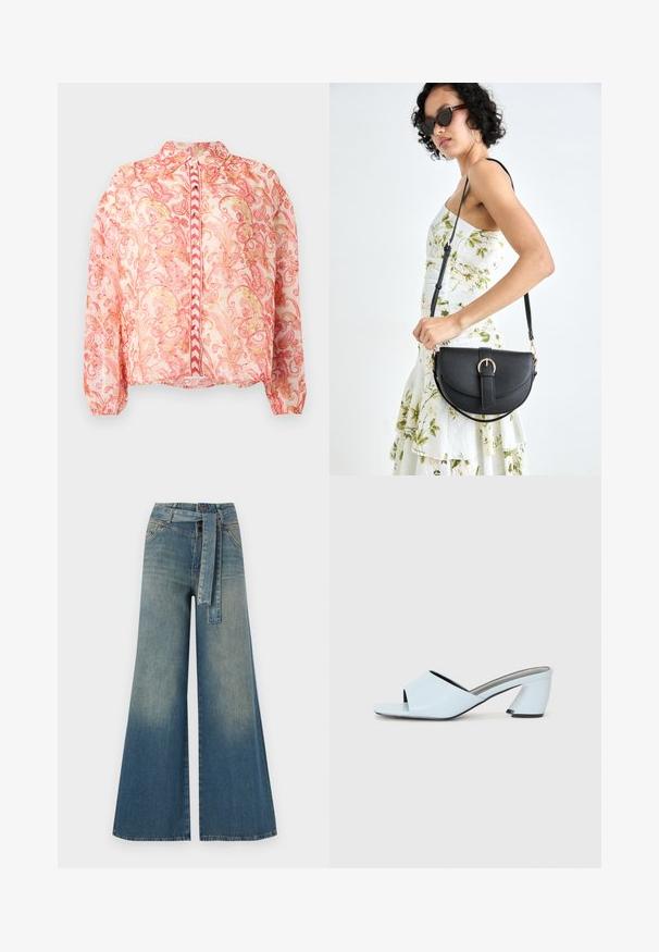 Läbipaistev roosa pluus, millel on punased ja kuldsed lillemustrid, ümar kaelus, esipaneelil nööbid, elastsed mansetid ja sirge alläär.; Laiad denimpüksid, millel on hele tume sinine gradiendiefekt, kõrge vöökoht, vöökumlid ja sobivast kangast vöö. Struktureeritud denimi viimistlus.; Heledad heles sinine avatud varvaga, geomeetrilise disainiga, laia rihmaga jala kohal ja nurga all oleva paksu kontsaga.; Mustmust mustraha kõverate joontega, eemaldatava rihmaga ja kuldsete detailidega. Kotil on klapp, millel on pandladetail.