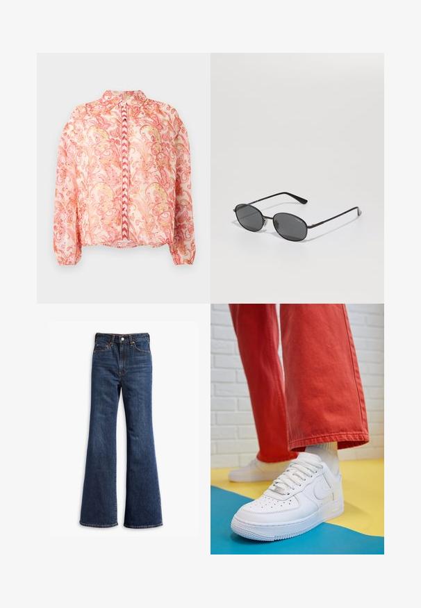 Bluză roz transparentă cu spirale florale în roșu și aur, guler rotund, închidere cu nasturi în față, manșete elasticizate și tiv drept.; Jeans din denim dark blue, cu talie înaltă, picioare evazate, închidere cu buton și fermoar în față, și design cu cinci buzunare.; Tenis alb din piele cu fanta pe vârful piciorului, talpă texturată și șireturi albe, purtat cu pantaloni larga roșii și un fundal albastru și galben.; Ochelari de soare ovali negri cu lentile întunecate, cadru subțire din metal și brațe drepte. Prezintă logo-ul mărcii pe brațul interior și suporturi pentru nas.