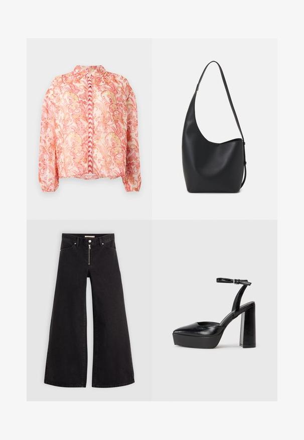 Gennemsigtig lyserød bluse med blomsterlignende mønstre i rød og guld, rund krave, foran knaplukning, elastiske ærmer og lige kant.; Vide ben jeans i sort denim med lynlås foran, fem lomme-design og subtile stikninger. Glat tekstur og afslappet stil.; Sorte platformhæle med spidse tæer og justerbar ankelrem. Construeret i glat læder, med en kraftig blokhæl.; Sort læder hobo taske med en glat overflade, buet form og en enkelt justerbar rem; har en bred åbning øverst.