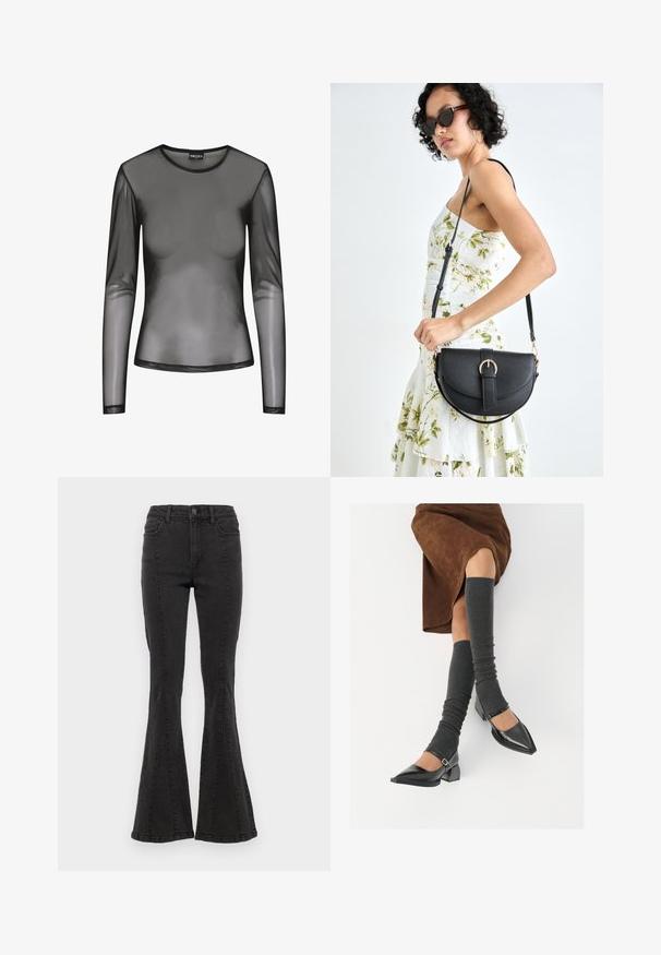 Fekete, hosszú ujjú hálós felső kerek nyakkivágással, áttetsző anyagból és testhez simuló szabással. A szélét fekete varrással fejezték be.; Fekete farmer anyagú harang szabású nadrág, magas derékkal, oldalsó varrással és letisztult szegéllyel. Az anyag sima tapintású, enyhe rugalmassággal.; Fekete lakk bőrből készült, hegyes orrú cipők, tömbsarkúakkal és bokapánttal, szürke bordás lábszármelegítőkkel és barna velúr szoknyával párosítva.; Fekete bőrtáska ívelt formával, levehető pánttal és arany színű fémrészekkel. A táskán egy csattal díszített fedél található.