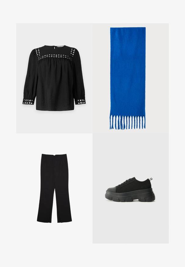 Czarna bluzka z okrągłym dekoltem, bufiastymi rękawami i dekoracyjnymi wycięciami wokół ramion i mankietów. Tkanina o fakturze.; Czarne spodnie o prostym kroju, z przednimi kieszeniami i bocznymi rozcięciami na dole. Wykonane z miękkiego, gładkiego materiału. Odpowiednie na różne okazje.; Czarne sneakersy z masywną gumową podeszwą, teksturowaną górną częścią, okrągłym noskiem i sznurowanym zapięciem. Posiadają wzmocnione oczka i pętelkę z tyłu.; Niebieski szalik z frędzlami wykonany z miękkiego materiału; ma jednolity kolor z teksturowaną powierzchnią i równomiernie przyciętymi frędzlami na dole.