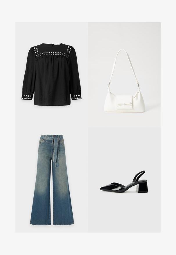 Must nagu blouse, millel on ümmargune kaelus, puffhüpped ja dekoratiivsed lõikeDetailid õlgadel ja mansettidel. Tekstuurne kangas.; Laiad denimpüksid, millel on hele tume sinine gradiendiefekt, kõrge vöökoht, vöökumlid ja sobivast kangast vöö. Struktureeritud denimi viimistlus.; Mustad musta lakknahk kingad, millel on terav varvas ja geomeetriline plokkkonts. Omab elegantselt minimalistlikku disaini ja sujuvat tekstuuri.; Valge sünteetilisest materjalist kott kolmnurkse kujuga, lame esiklapiga ja kaaredetailiga, reguleeritava rihmaga, sileda tekstuuriga ja minimalistliku disainiga.