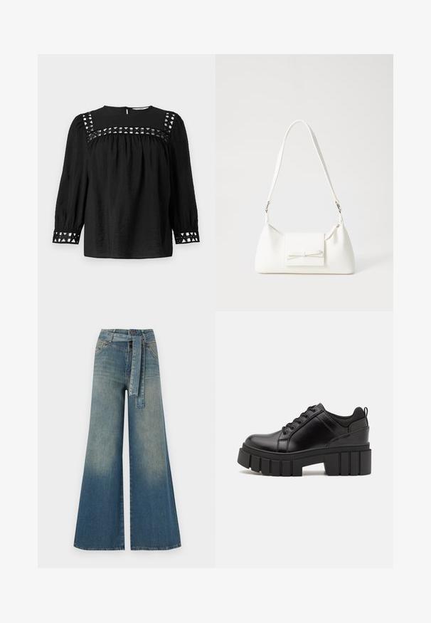 Sort bluse med rund halsudskæring, puffede ærmer og dekorative udskæringer omkring skuldrene og manchetterne. Strukturret stof.; Bredbens-denimbukser med en lys til mørk blå gradient, høj talje, bælteløkker og et matchende stofbælte. Tekstureret denimfinish.; Sorte læder platform sko med en klodset blokhæl, rund tå og traditionelt snøredesign. Har en glat tekstur og minimal detaljering.; Hvid syntetisk håndtaske med en trekantet form, flad forsideklap og sløjfedetalje, justerbar strop, glat tekstur og minimalistisk design.
