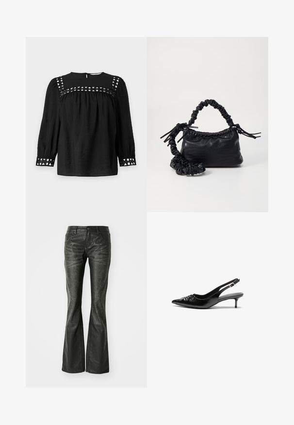 Černá blůza s kulatým výstřihem, vypufovanými rukávy a dekorativními výřezovými detaily kolem ramen a manžet. Texturovaná tkanina.; Černé kožené zvonové džíny s předními kapsami, kovovým zapínáním a mírně texturovaným povrchem. Rovný střih s dlouhým zakončením.; Černé kožené lodičky na slingback s špičatou špičkou, malým podpatkem typu kitten a ozdobným uzlem na přední straně. Hladký povrch po celém obvodu.; Černá kabelka z umělé kůže s krokodýlím vzorem, staženým vrškem a zmačkaným popruhem. Zdá se, že má měkký a kompaktní design.