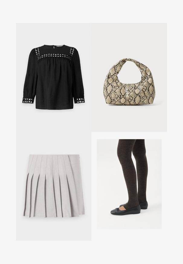 Blusa preta com um decote redondo, mangas bufantes e detalhes recortados decorativos nas shoulders e punhos. Tecido texturizado.; Saia cinza plissada com uma textura suave, apresentando múltiplos pregas verticais e uma cintura ajustada. Feita de tecido leve.; Sapatos planos pretos com um pequeno laço na ponta, emparelhados com meias-calças caneladas castanhas escuras. Os sapatos têm uma textura suave e um design discretamente baixo.; Bolsa com padrão de pele de cobra e uma alça curva. Feita de materiais texturizados em bege e castanho, apresentando um padrão de diamante distintivo.