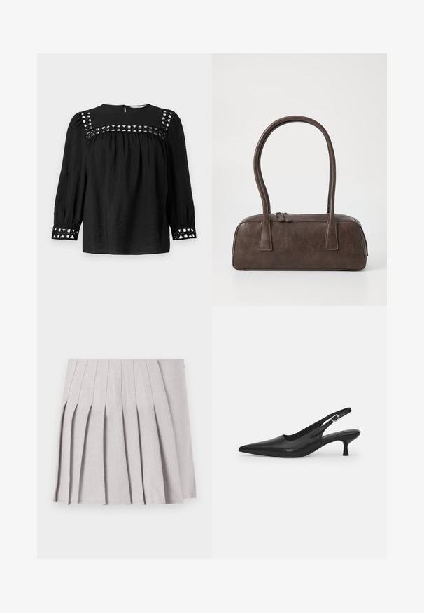 Blusa nera con scollatura rotonda, maniche a sbuffo e dettagli decorativi con tagli intorno alle spalle e ai polsini. Tessuto texturizzato.; Gonna pieghettata grigia con una texture liscia, caratterizzata da molteplici pieghe verticali e una vita aderente. Realizzata in un tessuto leggero.; Scarpa slingback nera in pelle con punta affusolata e tacco sottile e curvato. Presenta una discreta fascia regolabile con una fibbia in metallo.; Borsa a mano in pelle marrone con due manici robusti, forma rettangolare, texture liscia e chiusura con zip. Design minimalista senza motivi visibili.