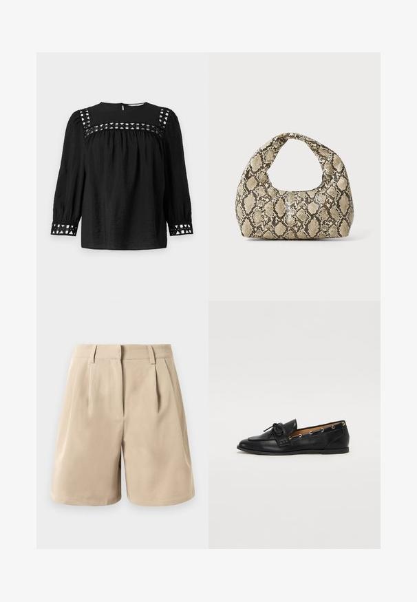 Fekete blúz, kerek nyakkivágással, puffos ujjal és dekoratív kivágott részletekkel a vállaknál és a mandzsettán. Texturált anyag.; Beige, magas derekú, szabott sort övhurkokkal, elülső redőkkel és rejtett elülső zárással, fehér háttér előtt.; Fekete bőr lófarok cipők, megkötött masnival, arany szemcsés díszítéssel az oldalán és lapos gumitalppal. Simaság, klasszikus dizájn.; Kígyómintás kézitáska ívelt fogantyúval. Texturált, bézs és barna anyagból készült, jellegzetes gyémántmintával.