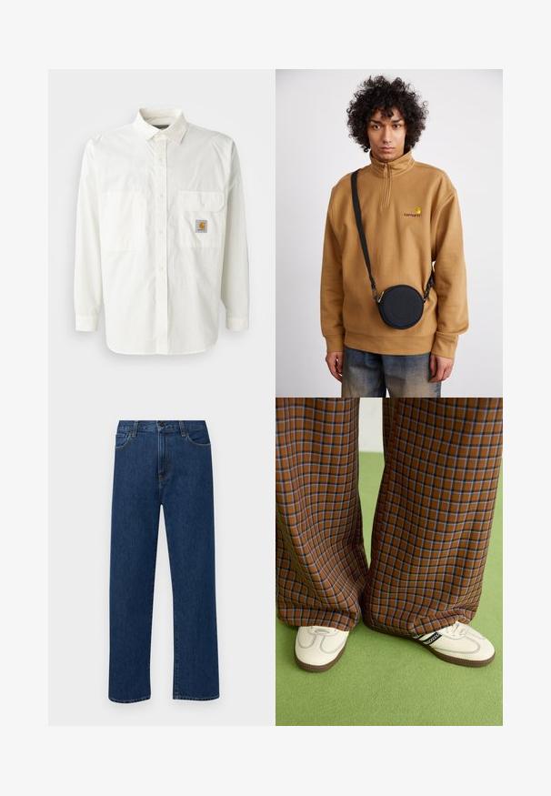 Valge puuvillane särk, millel on pikad varrukad, klassikaline krae, kaks esist pocketit ja Carhartt logo pilt.; Tumedat sinised sirged teksapüksid esikottide ja nupuklõpsuga, esitatud helesinisel taustal.; Pruunide ja siniste ruuduliste laiad püksid, mille juurde on kombineeritud valged kingad mustade aktsentidega ja tekstuursete taldadega, roheline taust.; Prune neljandikta väikese tõmbluku ja broderi logoga fliissweater, mille peal on must ümmargune risti-õlakott, millel on tõmblukk ja logodetail, kombineerituna teksadega.