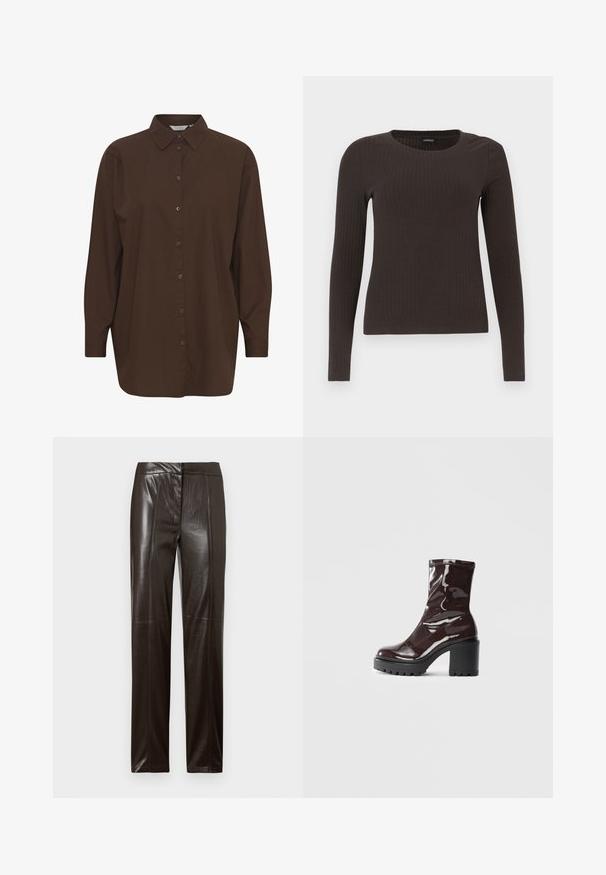 Smeđa košulja na dugme s klasičnim ovratnikom, dugim rukavima i opuštenim krojem. Napravljen je od glatkog pamuka s jednostavnim uzorkom.; Smeđa, dugokraga, rebrasta majica s dugim rukavima. Izrađena od glatkog, rastezljivog materijala, s prikladnim krojem bez mnogo detalja.; Tamno smeđe kožne hlače ravnog kroja s glatkom površinom i suptilnim šavovima duž prednje strane.; Sjajna burgundska čizma do gležnja s debelim crnim potplatom, koja se odlikuje glatkom teksturom i jednostavnim dizajnom. Nema vidljivih kopčanja ili uzoraka.