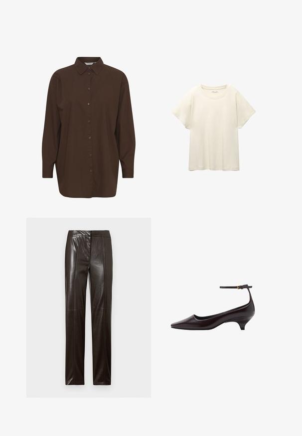 Bruin overhemd met knopen, een klassieke kraag, lange mouwen en een losse pasvorm. Gemaakt van glad katoen met een effen textuur.; Lichtbeige t-shirt met korte mouwen en een ronde halslijn, gemaakt van zachte, gladde stof. Heeft een ontspannen pasvorm en een rechte zoom.; Donkerbruine leren broek met rechte pijpen, een gladde afwerking en subtiele naden langs de voorkant.; Donkerbruine leren kittenheel schoenen met een spitse neus, een dunne enkelband en een kleine gouden gesp.