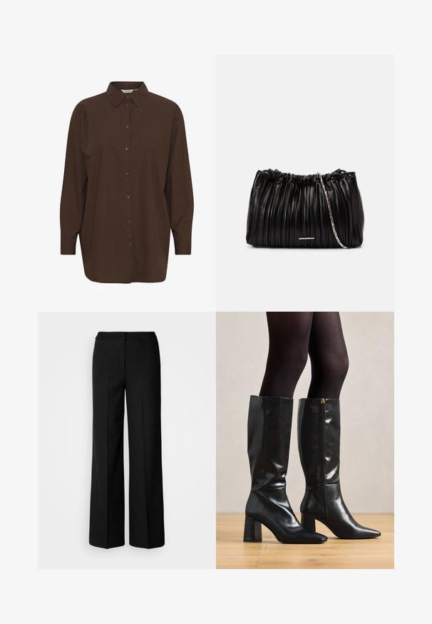 Bruin overhemd met knopen, een klassieke kraag, lange mouwen en een losse pasvorm. Gemaakt van glad katoen met een effen textuur.; Zwarte wijde broek van een gladde stof, met een hoge taille, nauwkeurig gestikte naden en een minimalistisch ontwerp. Geen zichtbare hardware of zakken.; Zwart leren laarzen tot de knie met een glanzende afwerking, een spitse neus en een chunky hak. Zijrits detail voor een gemakkelijke instap.; Zwarte leren handtas met geplooid design, naar binnen gerimpelde bovenrand en een zilveren kettingschouderband. Heeft een metalen accent aan de voorkant.; Zilveren creolen met een gladde, gepolijste afwerking. Ronde vorm met een licht gebogen ontwerp en versmolten randen. Met pin sluiting.