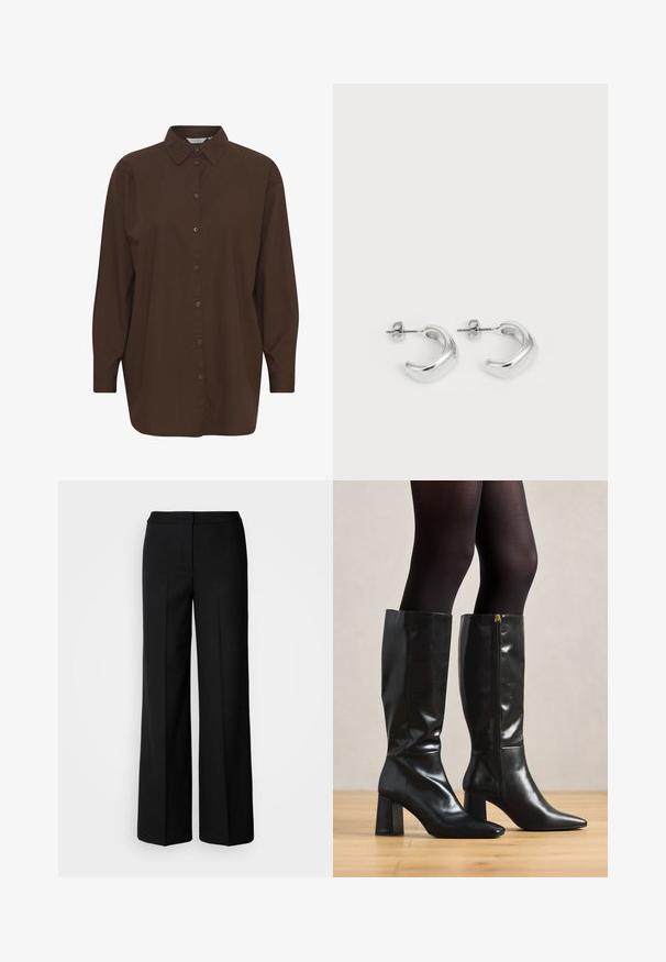 Brown button-up shirt with a classic collar, long sleeves, and a relaxed fit. Made from smooth cotton with a plain texture.; Black wide-leg trousers with a smooth fabric, featuring a high waist, tailored seams, and a minimalist design. No visible hardware or pockets.; Knee-high black leather boots with a glossy finish, pointed toe, and chunky heel. Side zipper detail for easy wear.; Silver hoop earrings with a smooth, polished finish. Round shape with a slightly curved design and blended edges. Pin back closure.