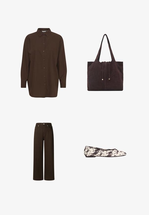 Camicetta marrone con bottoni, colletto classico, maniche lunghe e vestibilità rilassata. Realizzata in cotone liscio con una trama uniforme.; Pepe Jeans LEXA - Jeans a sigaretta - chocolate brown; Ballerine a pois bianchi e neri con un piccolo fiocco sulla punta arrotondata e tacco basso, mostrata di lato su uno sfondo bianco.; Mango Shopping bag - dark brown