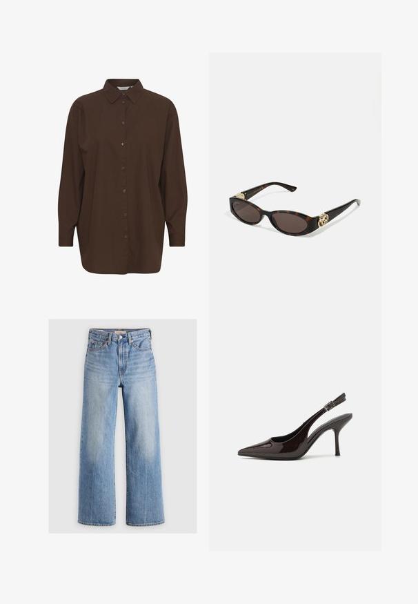 Hnedá košeľa na gombíky s klasickým golierom, dlhými rukávmi a voľným strihom. Vyrobená z hladkej bavlny s jednoduchou textúrou.; Svetlomodré rifľové nohavice s voľným strihom a vysokým pásom, so zafarbenými obdobiami, piatimi vreckami a kontrastným švom. Klasické zapínanie na gombík a zips.; Slingback vysoké opätky v lesklej tmavohnedej lakovej koži, so špicatou špičkou, otvorenými stranami a nastaviteľným remienkom na členku.; Slnkové okuliare v korytnačkovom dizajne s predĺženými oválnymi šošovkami, hnedým tónovaním, zlatými logovými akcentmi na spánkoch a elegantnými čiernymi ramenami.; Zlaté náušnice so žiarivým vzorom a priesvitným pozadím, zdobené štruktúrovanými zlatými akcentmi a malými priesvitnými drahokamami zabudovanými do dizajnu.