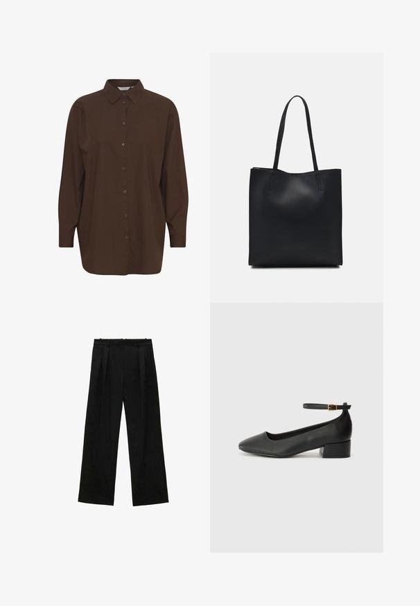 Brown button-up shirt with a classic collar, long sleeves, and a relaxed fit. Made from smooth cotton with a plain texture.; Black wide-leg trousers with pleats, featuring a smooth texture and a high waist design. Minimalist style, no visible hardware or embellishments.; Black leather pump with a pointed toe and a low block heel. Features an ankle strap with a gold-tone buckle. Smooth texture.; Black leather tote bag with smooth texture, rectangular shape, and two long handles. No visible hardware or embellishments.