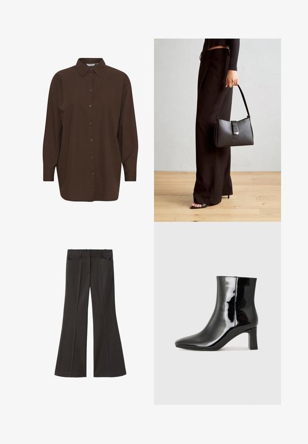 Braune Hemd mit Knopfleiste, klassischem Kragen, langen Ärmeln und lockerer Passform. Hergestellt aus glattem Baumwollstoff mit einfarbiger Textur.; Schwarze, weit geschnittene Hosen mit hoher Taille; verfügt über zwei Fronttaschen und eine glatte Stoffoberfläche. Geeignet für verschiedene Anlässe.; Schwarzer Lackleder-Stiefelette mit spitzer Zehe und einem mittelhohen Blockabsatz. Glatte Textur und minimalistisches Design.; Schwarze Handtasche mit strukturierter Form, glatter Textur und einem metallischen Verschluss. Kombiniert mit weiten schwarzen Hosen und offenen Sandalen auf einem Holzboden.