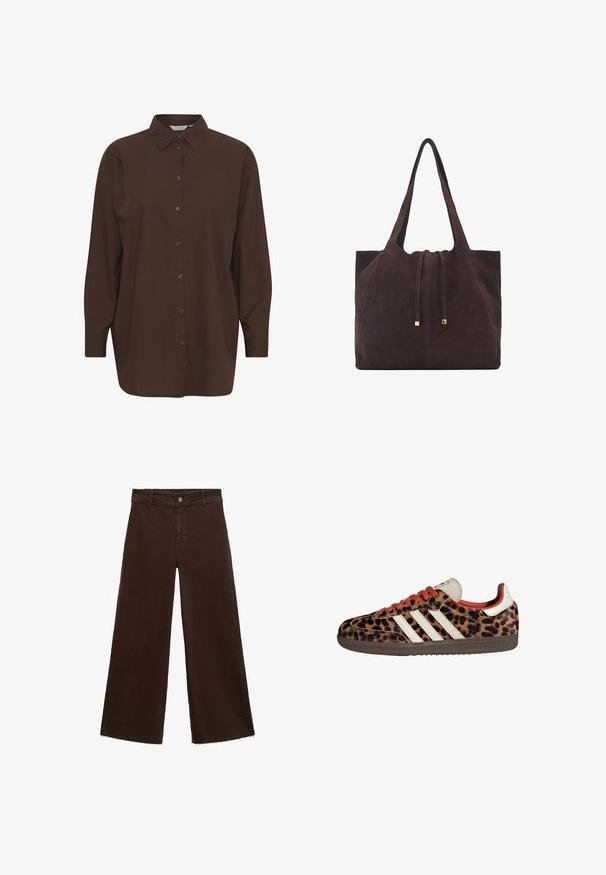 Camicetta marrone con bottoni, colletto classico, maniche lunghe e vestibilità rilassata. Realizzata in cotone liscio con una trama uniforme.; Pantaloni larghi marroni in misto cotone, caratterizzati da orlo sfrangiato, chiusura frontale con bottone e classico design a cinque tasche. Minimalisti e versatili.; Sneaker con stampa leopardata in materiale scamosciato, lacci rossi e tre strisce bianche sui lati. Presentano una linguetta di colore crema e una suola marrone.; Mango Shopping bag - dark brown