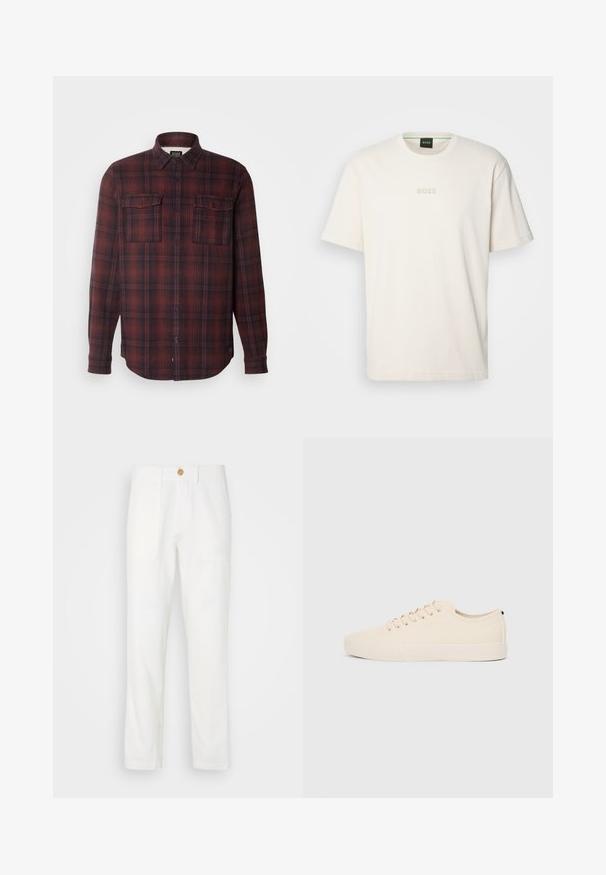 Rot-schwarzes karriertes Flanellhemd mit Knopfleiste, zwei Brusttaschen und langen Ärmeln. Hat einen lockeren Schnitt und einen abgerundeten Saum.; BOSS TEE - T-Shirt basic - open white; Weiße Stoffhosen mit geradem Schnitt, ausgestattet mit zwei vorderen Taschen und einem Knopfverschluss. Glatte Textur und sauberes Design.; Beige Leinensneaker mit runder Zehenpartie, flacher Gummisohle und Schnürung. Verfügt über ein minimalistisches Design und einen kontrastierenden schwarzen Akzent an der Ferse.