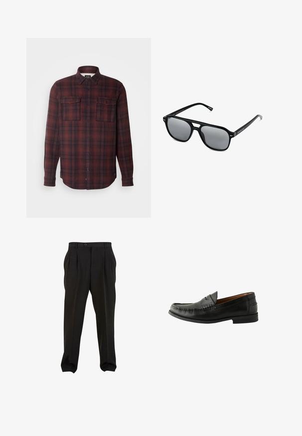 Rode en zwarte geruite flanellen overhemd met een kraag met knopen, twee borstzakken en lange mouwen. Heeft een ontspannen pasvorm en een gebogen zoom.; Witte katoenen tank tops, mouwloos ontwerp, ronde hals, effen textuur, gemaakt van een zachte, lichtgewicht stof. Twee stuks tentoongesteld.; Zwarte broek van gladde stof, met voorplooien, een knopenband en taps toelopende enkelboorden. Klassieke taillering.; Zwarte leren instappers met een gladde afwerking, ronde neus, handgestikte details en een lage rubberen zool. Tijdloos en veelzijdig ontwerp.; Zwarte zonnebril met rechthoekige montuur, grijs getinte glazen en een uitgesneden ontwerp bij de neusbrug. Strak, glanzend kunststof materiaal met smalle veren.