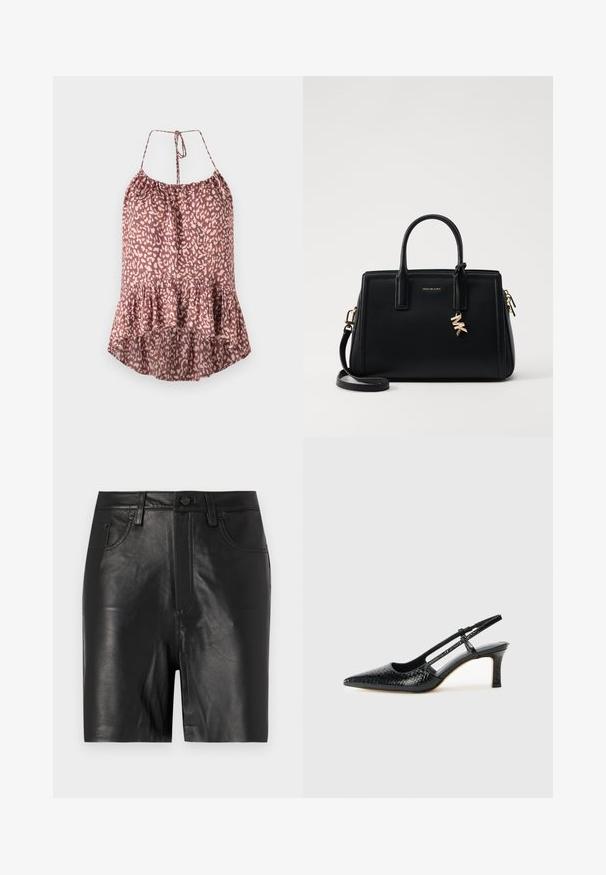 Camisola a stampa leopardata in mauve e crema, con orlo svasato, spalline regolabili con nodo e un tessuto leggero e testurizzato.; Pantaloni corti in pelle nera con una trama liscia, dotati di zip frontale, chiusura a bottone e classico design a cinque tasche.; Slingback con tacco in vernice nera con punta affusolata, caratterizzato da una stampa a serpente testurizzata, cinturino regolabile e un tacco corto e testurizzato.; Borsa a tracolla in pelle nera con design strutturato, manici superiori doppi, tracolla rimovibile, accessori in oro e charm con logo.