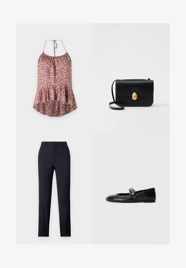 Camiseta cu imprimeu leopard în nuanțe de mov și crem, cu un tiv evazat, bretele ajustabile cu legare și un material texturat, ușor.; Pantaloni tailor-made de culoare bleumarin cu o croială dreaptă, având o textură netedă, două buzunare frontale și o talie curată.; Balerini din piele neagră, cu vârful ascuțit, având o curea cu o cataramă metalică circulară și o talpă plată.; Geantă de mână din piele neagră, cu o formă rectangulară structurată. Are un capac oval auriu și o curea subțire pentru umăr. Textură netedă.