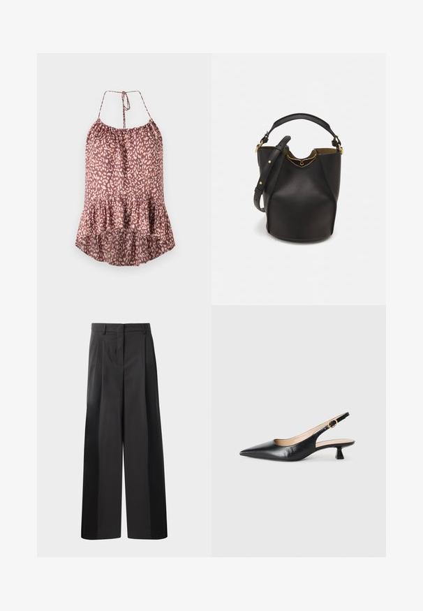 Leopardenmuster-Camisole in Mauve und Creme, mit einem ausgestellten Saum, verstellbaren Bindebändern und einem strukturierten, leichten Stoff.; Schwarze, weit geschnittene Hose mit hoher Taille, versehen mit Frontfalten, einer glatten Textur und einem maßgeschneiderten Finish. Entworfen für eine lockere Passform.; Schwarze Leder-Slingback-Kitten-Heel-Schuhe mit spitzem Zehenbereich und goldener Schnalle am Seitenriemen, auf weißem Hintergrund.; Schwarze Leder-Eimerhandtasche mit strukturierter Oberfläche, goldenen Hardware-Akzenten und offenem Design. Verfügt über einen kurzen Griff und einen verstellbaren Schultergurt.
