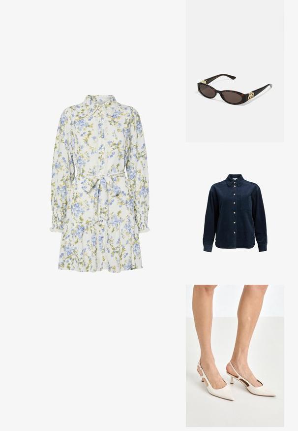 Dark blue corduroy long-sleeve shirt with button-up front, single chest pocket, spread collar, and beige buttons.; Floral dress in white with blue and green flowers, featuring a collar, button-down front, long sleeves with elastic cuffs, and a waist tie.; Beige patent leather slingback heels with a pointed toe and 5 cm heel, featuring cut-out sides and a thin ankle strap.; Tortoiseshell sunglasses with elongated oval lenses, brown tint, gold logo accents on temples, and sleek black arms.; Beige patterned handbag with a curved shape, leather accents, and a gold-tone logo on the front. Features a short handle for easy carrying.; Pearl and crystal necklace with a round, beaded design in pale hues, featuring alternating pearls and sparkling accents, worn around the neck.