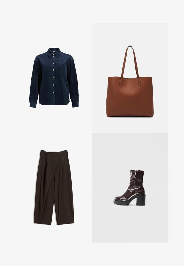 Donkerblauwe corduroy overhemd met lange mouwen, knoopsluiting aan de voorkant, één borstzak, gekruiste kraag en beige knopen.; Donkere bruin wijde broek met een hoge taille, voorzien van een enkele knoopsluiting en een geplooide voorkant. Gemaakt van lichtgewicht stof.; Glanzende bordeauxrode enkelboot met een chunky zwarte hak, met een gladde textuur en een eenvoudig ontwerp. Geen zichtbare sluitingen of patronen.; Bruine leren tote bag met een gladde textuur, een ontwerp met een open bovenkant en twee schouderbanden. Kenmerkt zich door minimale stiksels en geen zichtbare hardware.