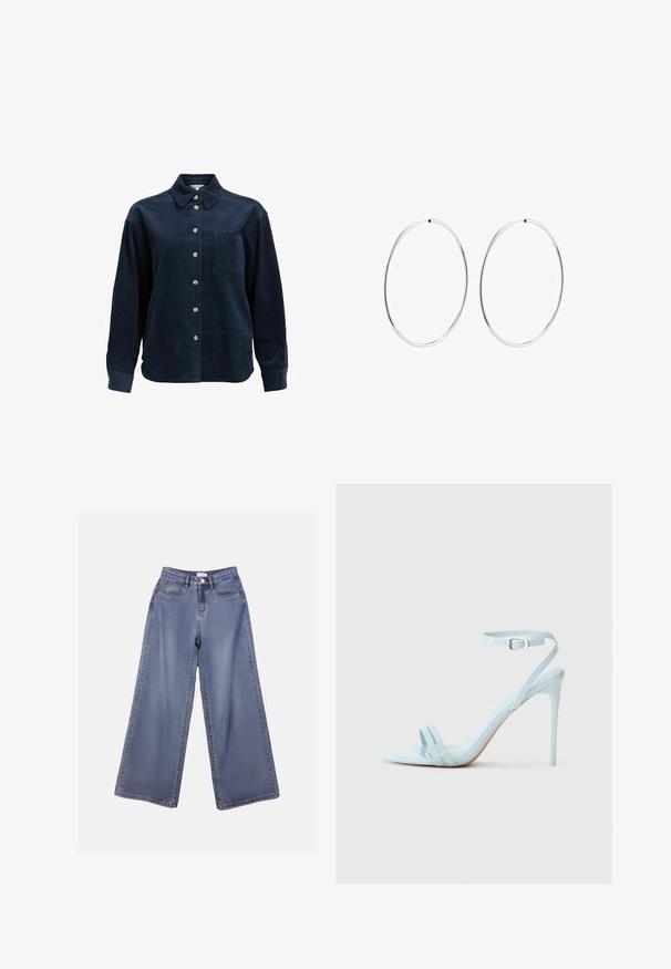 Tumman sininen corduroy-pitkähihaista paitaa, jossa napit edessä, yksi rintatasku, levitetty kaulus ja vaaleanbeiget napit.; Vaaleansinisiä leveälahkeisia farkkuja, joissa on korkea vyötärö, etutaskut ja nappisuljenta vyölenkeillä.; Vaalean sininen stiletto-sandaali, jossa on kaksi etuolkainta ja nilkkaremmi, valmistettu sileästä lakatusta materiaalista, ja jossa on kapea korko ja minimalinen muotoilu.; Hope hopeita hopeita, joissa on sileä, pyöreä muoto ja kiiltävä pinta. Ne ovat ohuita ja kevyitä, ja niissä on yksinkertainen lukitus.