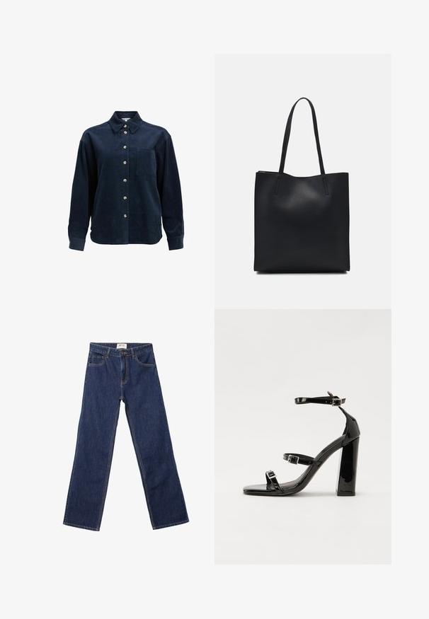 Mørkeblå kordfløjl skjorte med lange ærmer, knaplukning foran, enkelt brystlomme, spredt krave og beige knapper.; Mørkeblå lige ben jeans med forlommer, bæltesløjfer og knaplukning.; Sorte patenterede hælsandaler med firkantet tå, ankelremme og sølvspænder. Har en chunky blokHæl for stabilitet.; Sort læder tote taske med glat tekstur, rektangulær form og to lange hanke. Ingen synlig hardware eller udsmykninger.