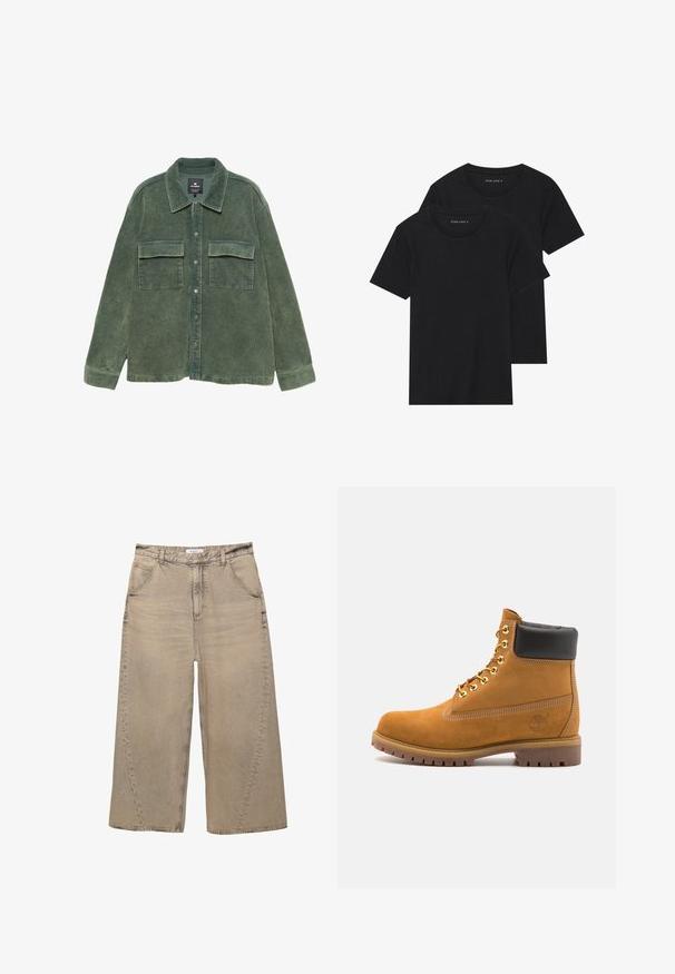 Grüne Cordhemdjacke mit Kragen, vorderem Knopfverschluss und zwei Brusttaschen. Rippstruktur über die gesamte Oberfläche.; Zwei schwarze Baumwoll-T-Shirts mit kurzen Ärmeln, runden Ausschnitten und einer glatten Textur, übereinander gestapelt.; PULL&BEAR MEGA BAGGY - Baggy Jeans - light grey; Beige Wildleder-Ankle-Boot mit schwarzem gepolstertem Kragen, goldenen Metallösen, weißen Nähdetalben und einer robusten Gummisohle mit ausgeprägtem Profil.