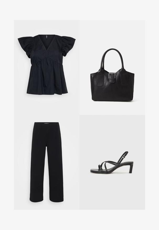 Top in cotone nero con scollatura a V, maniche corte a palloncino e dettagli arricciati in vita per una vestibilità ampia e fluida.; Pantaloni neri a gamba larga con cintura elastica. Realizzati in un materiale testurizzato, presentano una vestibilità ampia e un taglio dritto dalla vita all'orlo.; Sandalo nero con cinturini, dalla punta squadrata e tacco basso a blocco. Presenta diversi cinturini sottili e una cinturini regolabile alla caviglia. Realizzato in pelle liscia.; Borsa tote in pelle nera con texture liscia, forma strutturata, due manici e un evidente dettaglio in fibbia argentata sul davanti.